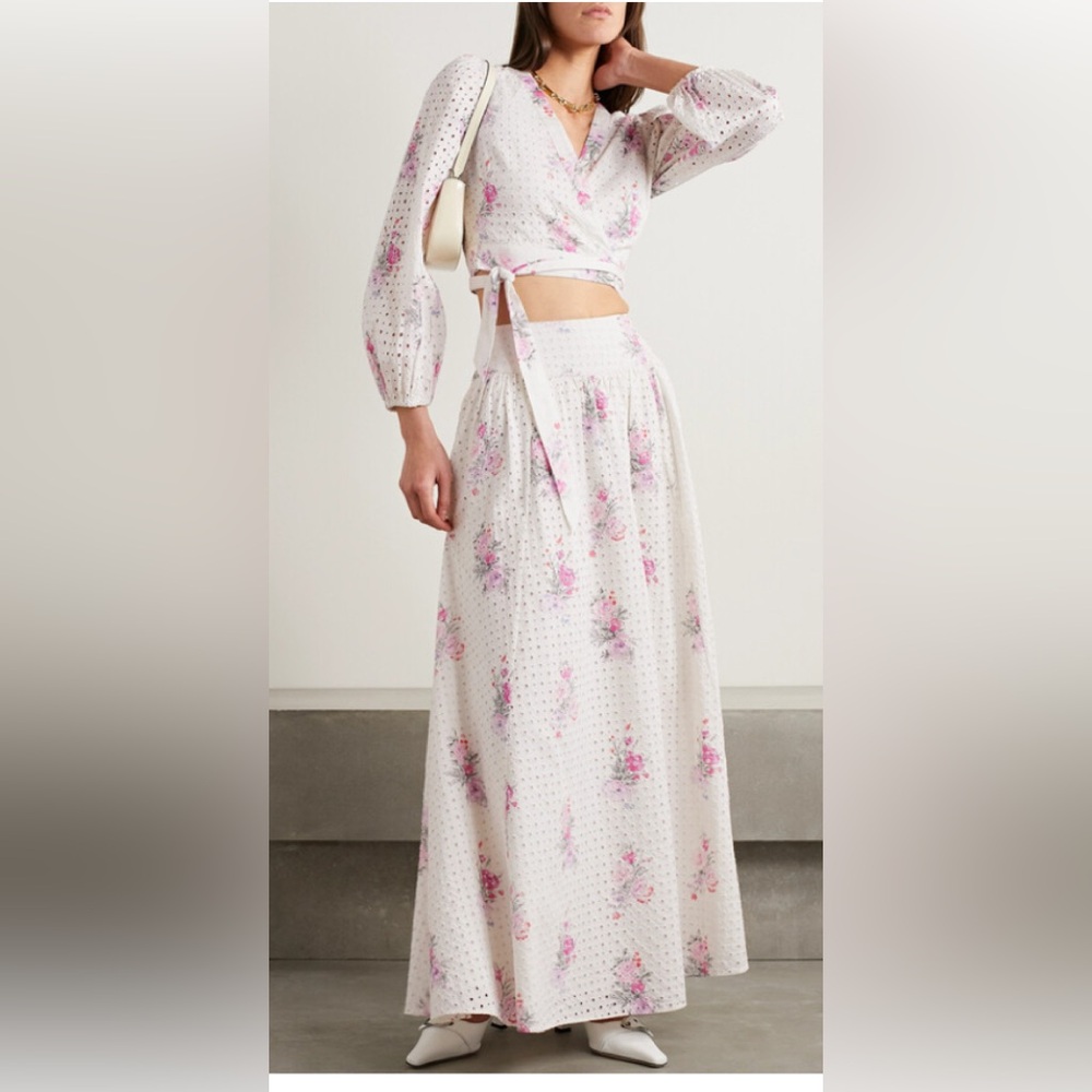 LoveShackFancy Aventi Gathered Floral Print Broderie Anglaise Maxi Skirt